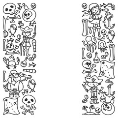 Vector set of pirates children's drawings icons in doodle style. Painted, black monochrome, pictures on a piece of paper on white background.