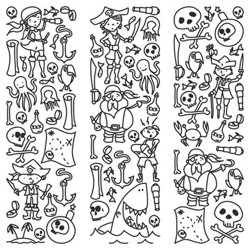 Vector set of pirates children's drawings icons in doodle style. Painted, black monochrome, pictures on a piece of paper on white background.