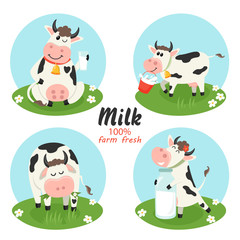 Set of farm cows with milk bottle
