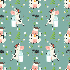 Seamless pattern with farm cows and milk bottle