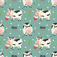 Seamless pattern with farm cows and milk bottle