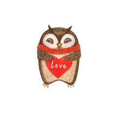 Watercolor cartoon cute happy owl character in winter red and white scarf, with ears and heart in a hand. Funny kid illustration, stylized animal. Isolated. For Valentine day.