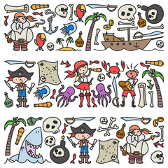 Vector set of pirates children's drawings icons in doodle style. Painted, colorful, pictures on a piece of paper on white background.