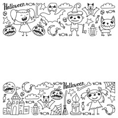 Halloween themed doodle set. Traditional and popular symbols - carved pumpkin, party costumes, witches, ghosts, monsters, vampires, skeletons, skulls, candles bats Isolated over white background.