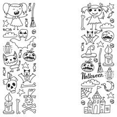 Halloween themed doodle set. Traditional and popular symbols - carved pumpkin, party costumes, witches, ghosts, monsters, vampires, skeletons, skulls, candles bats Isolated over white background.