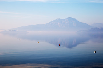 Koycegiz Lake view in Turkey. Lake landscape with cloud reflections. Mugla, Turkey.