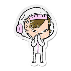 distressed sticker of a cartoon astronaut woman