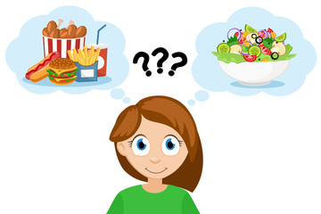 Young woman thinks that eat fast food or salad with vegetables. Healthy diet.