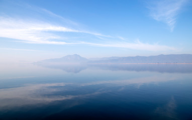 Koycegiz Lake view in Turkey. Lake landscape with cloud reflections. Mugla, Turkey.