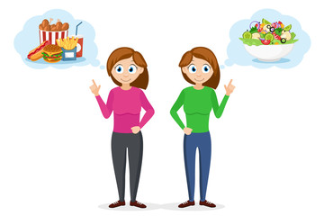 Women's diet healthy food salad and obesity fast food on a white.