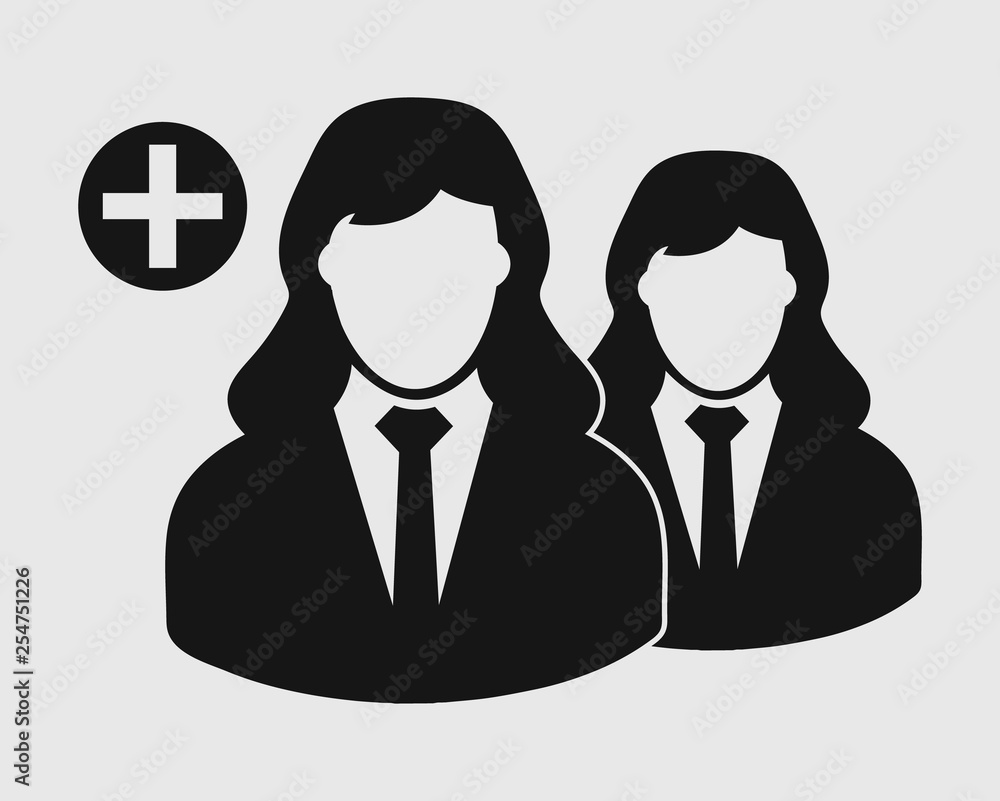 Poster increase or add users icon. female symbol on gray background. flat style vector eps.