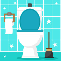 Clean toilet bowl with toilet paper and plunger on a blue tile.