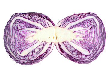 Fototapeta premium Two symmetrical sections of a red cabbage isolated on a white background