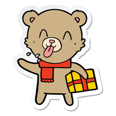 sticker of a rude cartoon bear with present