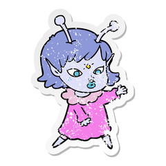 distressed sticker of a pretty cartoon alien girl