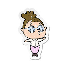 distressed sticker of a cartoon woman wearing glasses