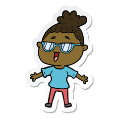 sticker of a cartoon happy woman wearing spectacles