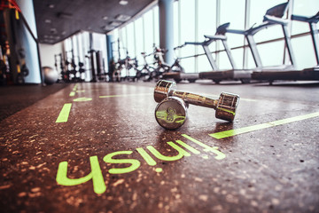 Sport, fitness, health. Dumbbells lying on the floor in the fitness center