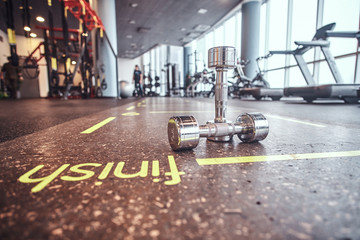 Sport, fitness, health. Dumbbells lying on the floor in the fitness center