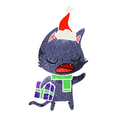 talking cat retro cartoon of a wearing santa hat