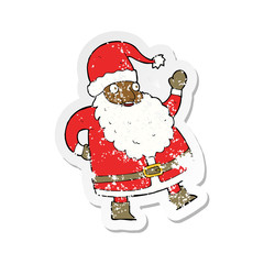retro distressed sticker of a funny waving santa claus cartoon