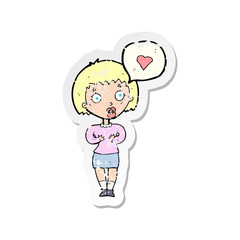 retro distressed sticker of a cartoon surprised woman in love