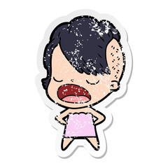 distressed sticker of a cartoon cool hipster girl talking