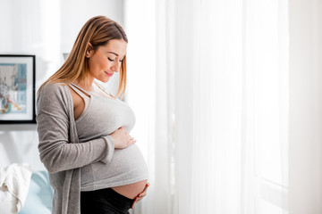 Beautiful pregnant woman touching her belly standing by the window at home - Powered by Adobe