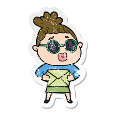 distressed sticker of a cartoon woman wearing sunglasses