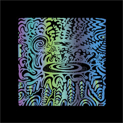 Color neon illustration of dolphins on psychedelic background. T-shirt print good idea.
