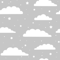 Cute seamless vector pattern. Clouds and stars on gray background