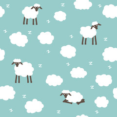 Obraz na płótnie Canvas Cute seamless vector pattern. Clouds and sheeps on blue background