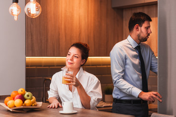 Morning routine of a young married couple