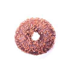 Chocolate donut with sprinkles on white background