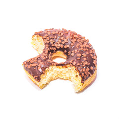 Bitten chocolate donut on white background