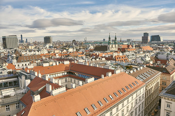 City of Vienna, Austria, January 16, 2019, View of the city of Vienna over the roofs of homes and the pigeons of the sunny city