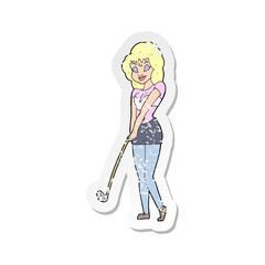 retro distressed sticker of a cartoon woman playing golf