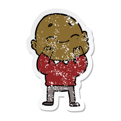 distressed sticker of a happy cartoon bald man