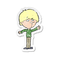 retro distressed sticker of a cartoon worried man reaching