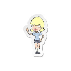 retro distressed sticker of a cartoon waving woman