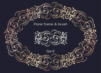 Golden Ornament frame with brushes element and space for text. Floral ornate Wreath and brush isolated on black background . Horisontal oval Element. Vintage frame for Save the Date Card, Wedding