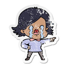 distressed sticker of a cartoon woman crying