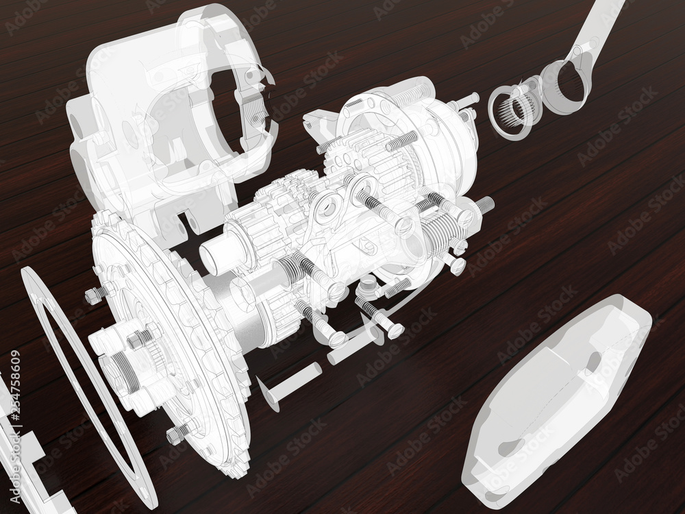 Aufkleber 3d rendering - outlined exploded view mechanical gearbox
