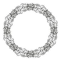 Retro flower pattern antique style swirl decorative design element. Vintage frame border leaf scroll floral ornament engraving black and white filigree . Wedding invitation greeting card