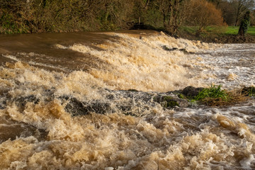 The weir at Tipton St John, Devon, England on the River Otter at fiull force with all the rain dropped by Storm Gareth,