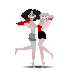  Happy Woman Day. Waman and friend in summer concept. People  Flat illustration cartoon character on sea background.