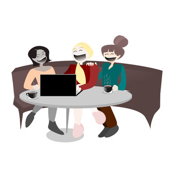  Happy Woman Day. Women using the computer and enjoy coffee, chatting happily. People  Flat illustration cartoon character on white isolated background.