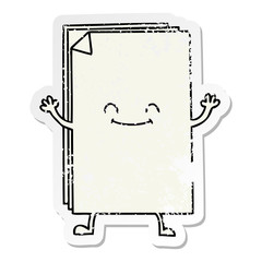 distressed sticker of a quirky hand drawn cartoon happy stack of papers