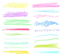 Obraz premium Hand drawn colorful underlines on white. Stroke chaotic patterns. Colored illustration. Sketchy elements for posters and flyers