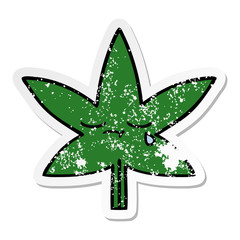 distressed sticker of a cute cartoon marijuana leaf